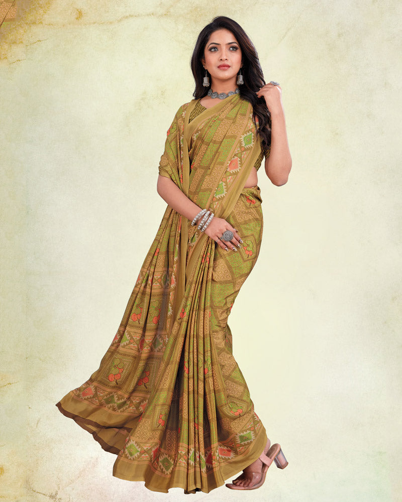 Sand Brown And Khaki Green Digital Print Premium Crepe Saree