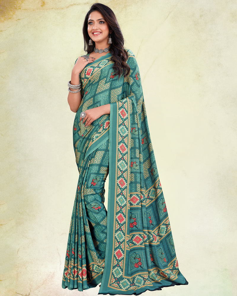 Sea Green And Tan Brown Digital Print Premium Crepe Saree