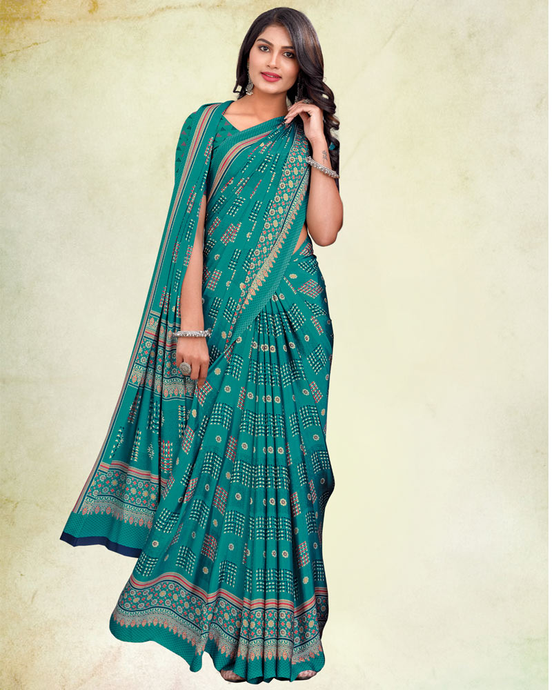 Deep Ocean Blue Digital Print Premium Crepe Saree