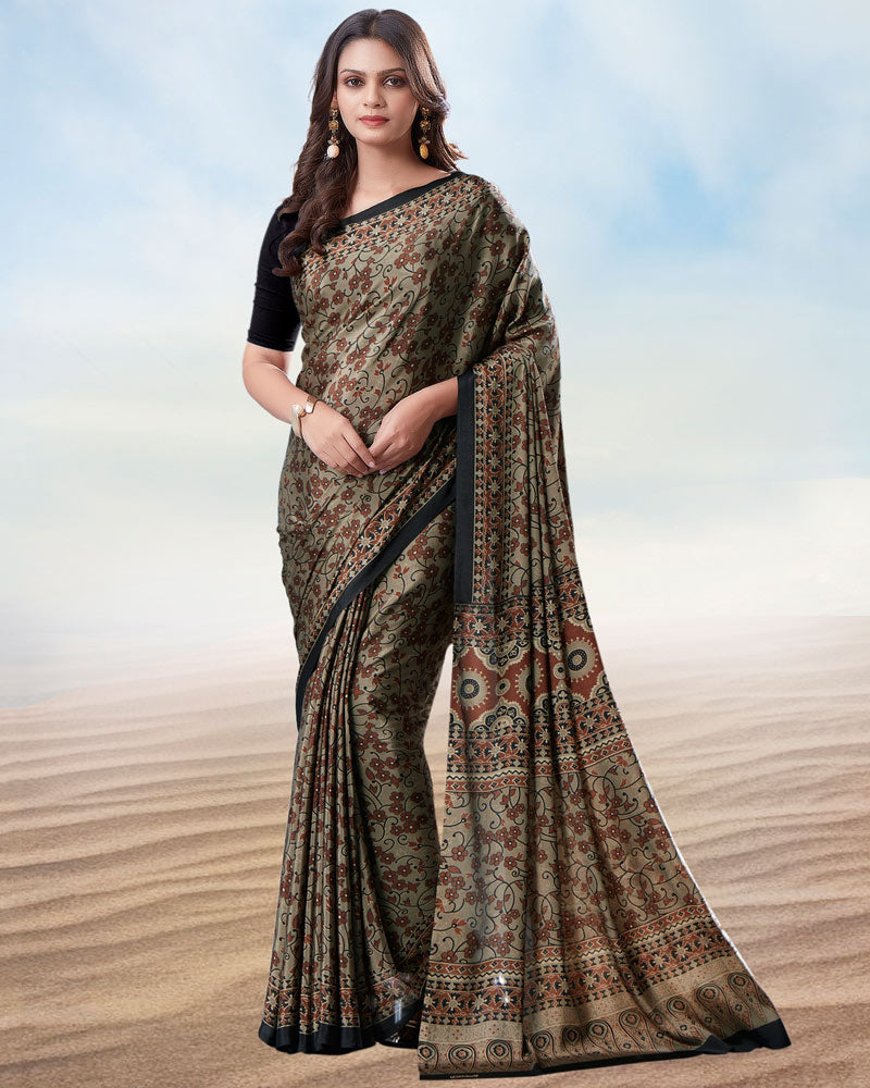 Greyish Brown Digital Print Premium Crepe Saree