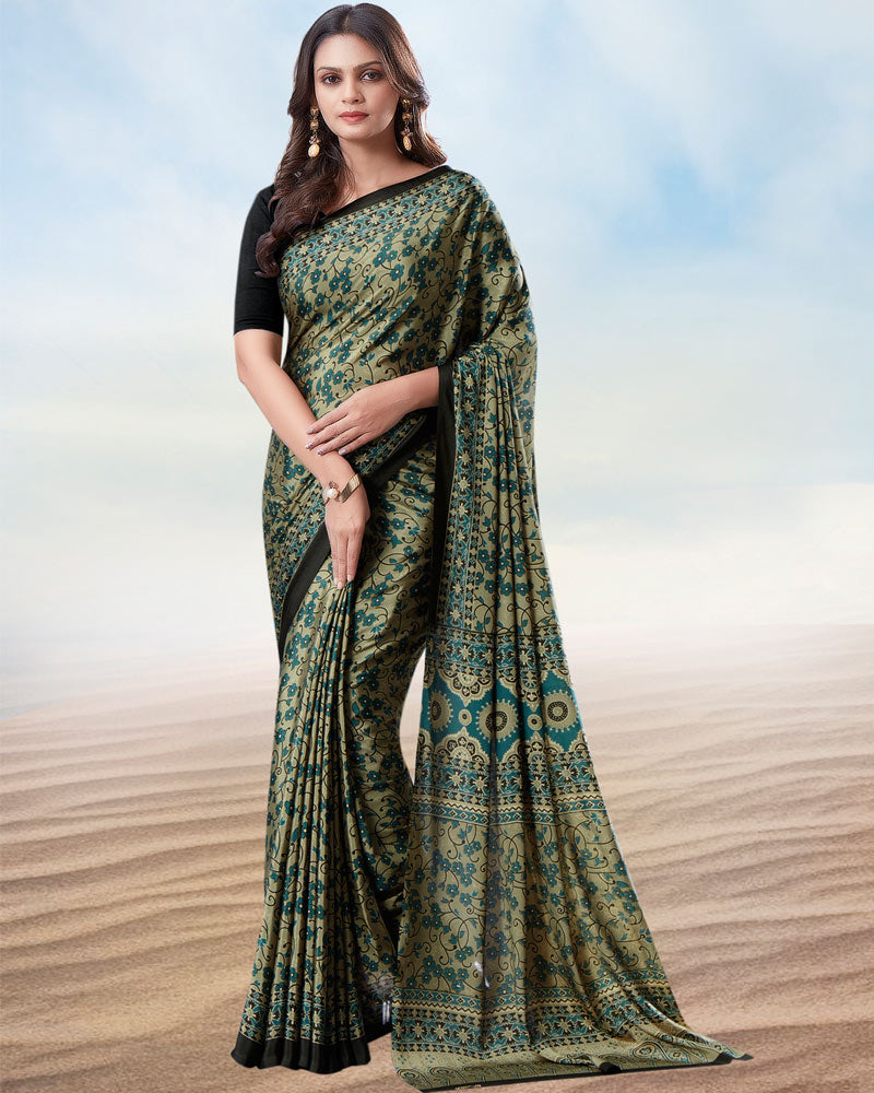 Light Olive And Aqua Green Digital Print Premium Crepe Saree