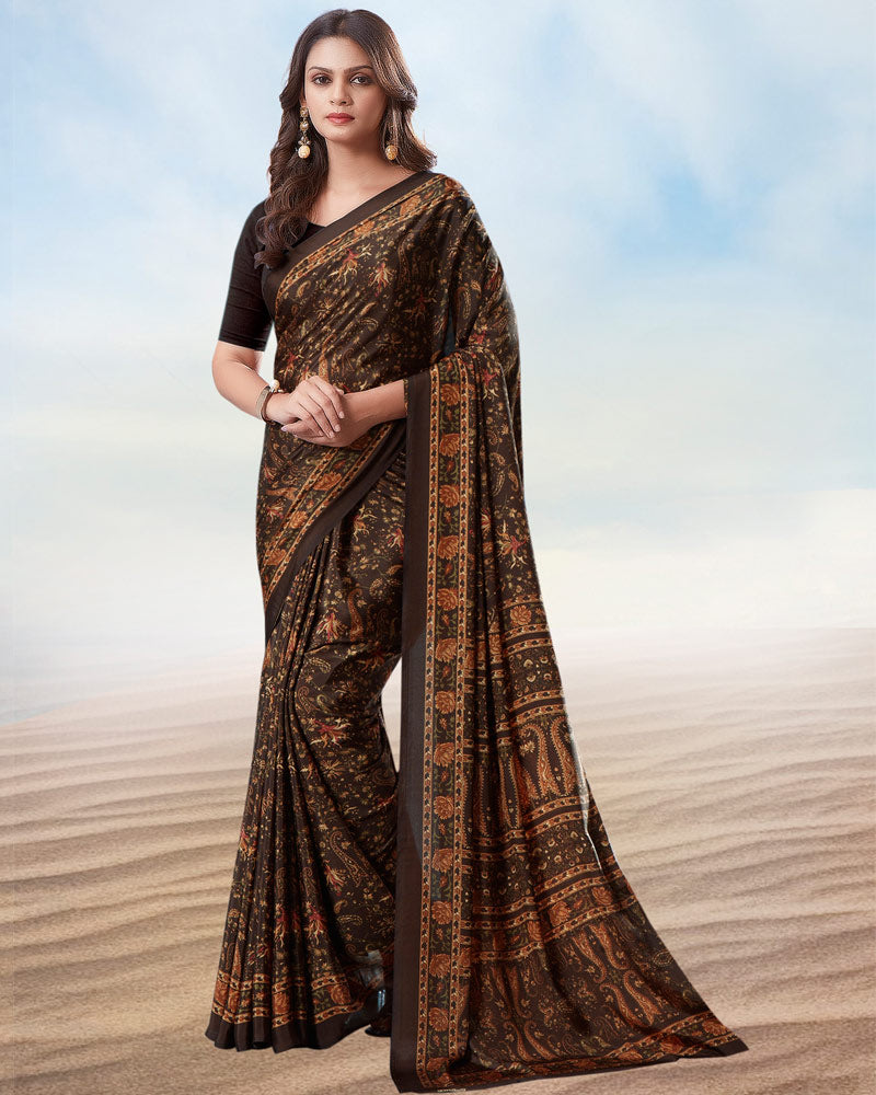 Coffee Brown Digital Print Premium Crepe Saree