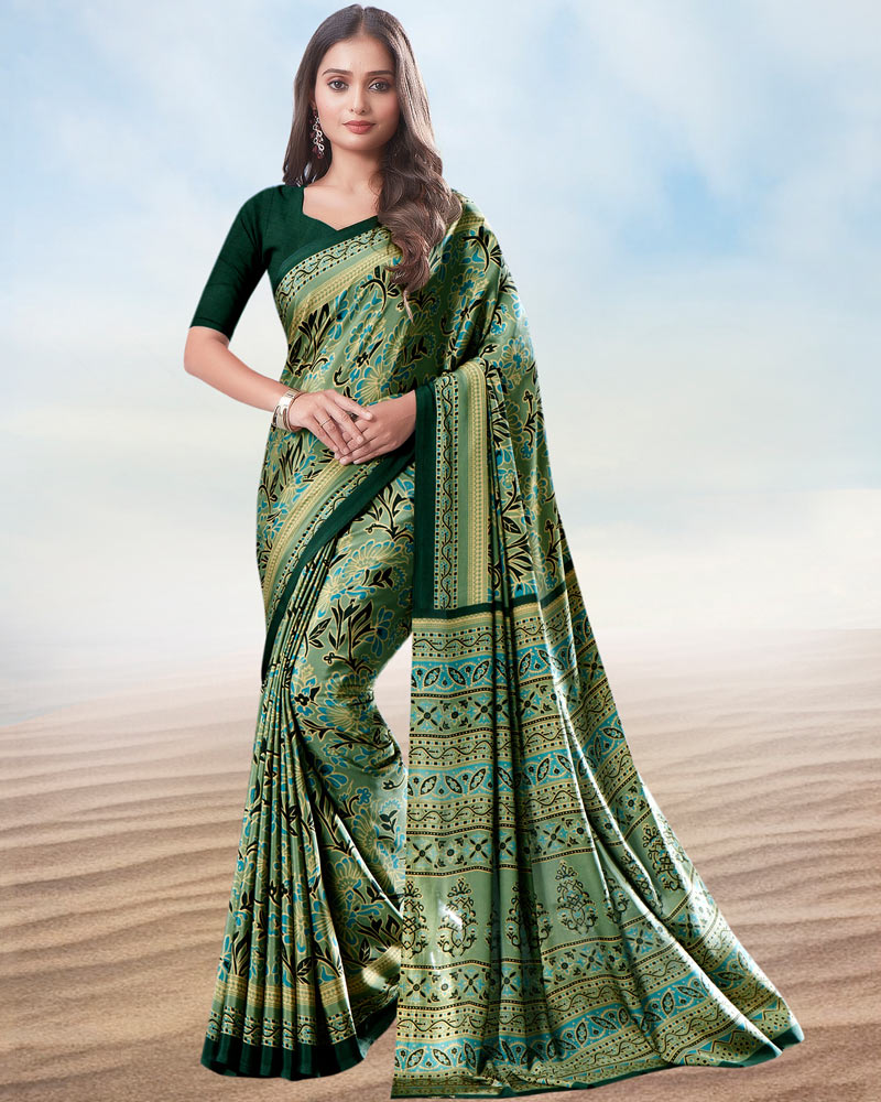 Moss And Dark Green Digital Print Premium Crepe Saree