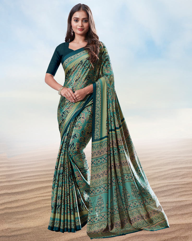 Dusty Teal Green Digital Print Premium Crepe Saree