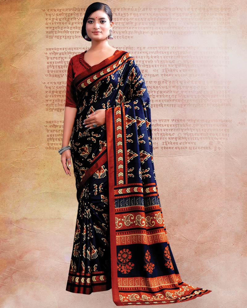 Navy Blue Printed Poly Cotton Saree