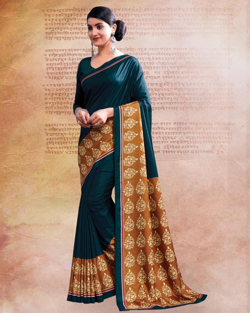 Deep Teal Blue Printed Poly Cotton Saree