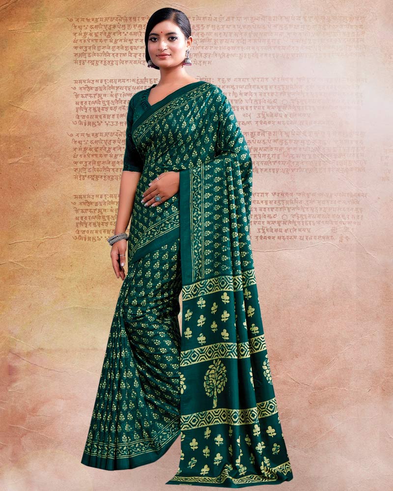 Deep Sea Green Printed Poly Cotton Saree