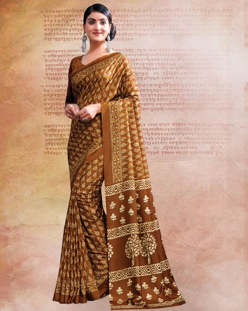 Brownish Orange Printed Poly Cotton Saree