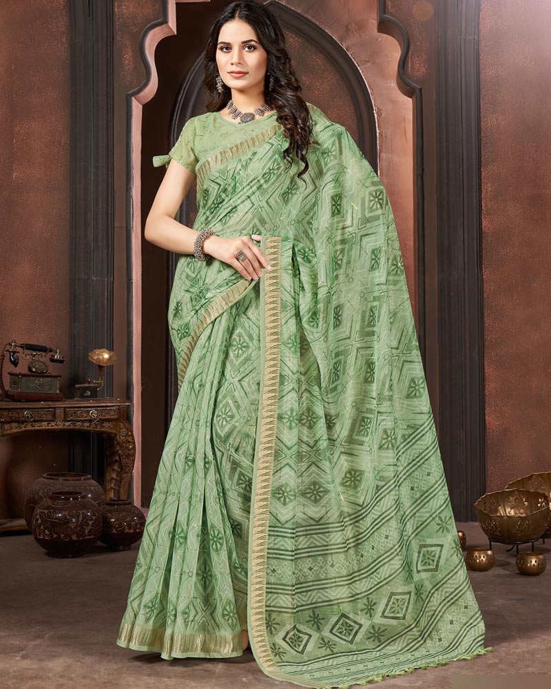 Pastel Turquoise Green Printed Poly Cotton Designer Saree With Sequence Weaving Border