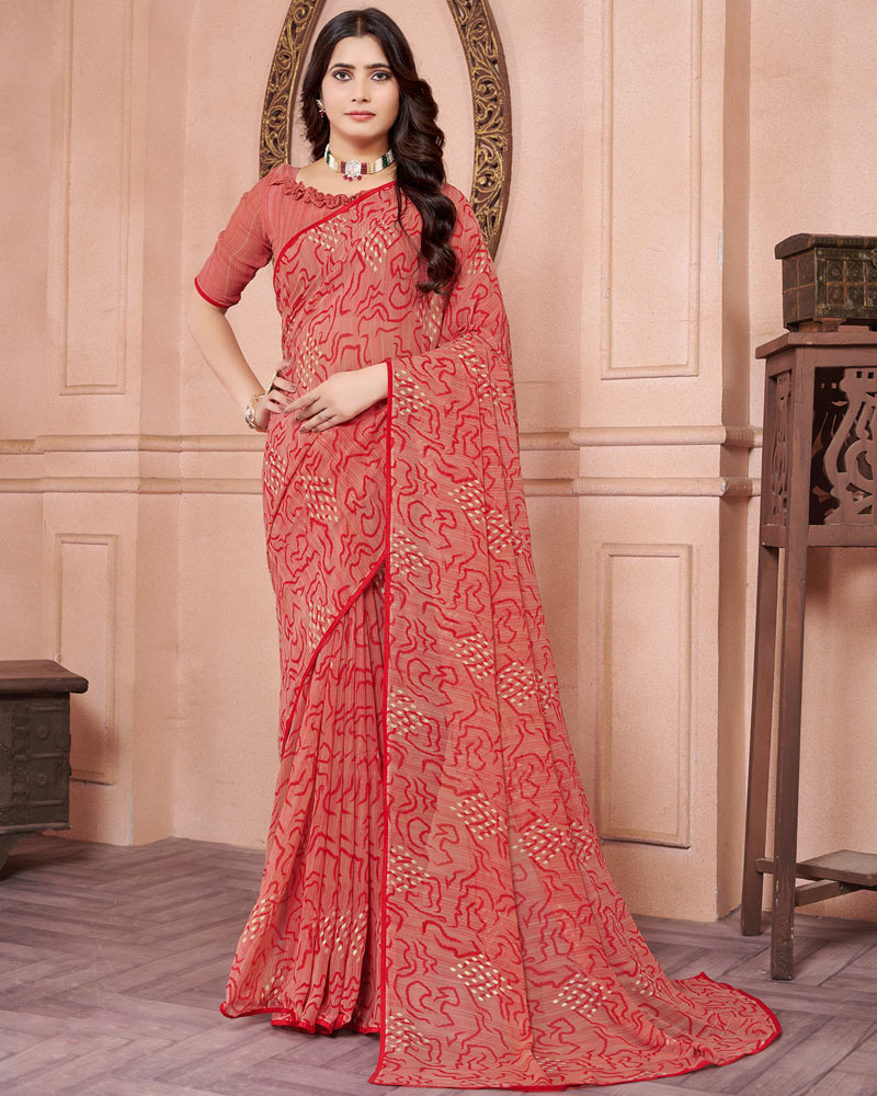 Coral Pink Printed Georgette Saree With Piping