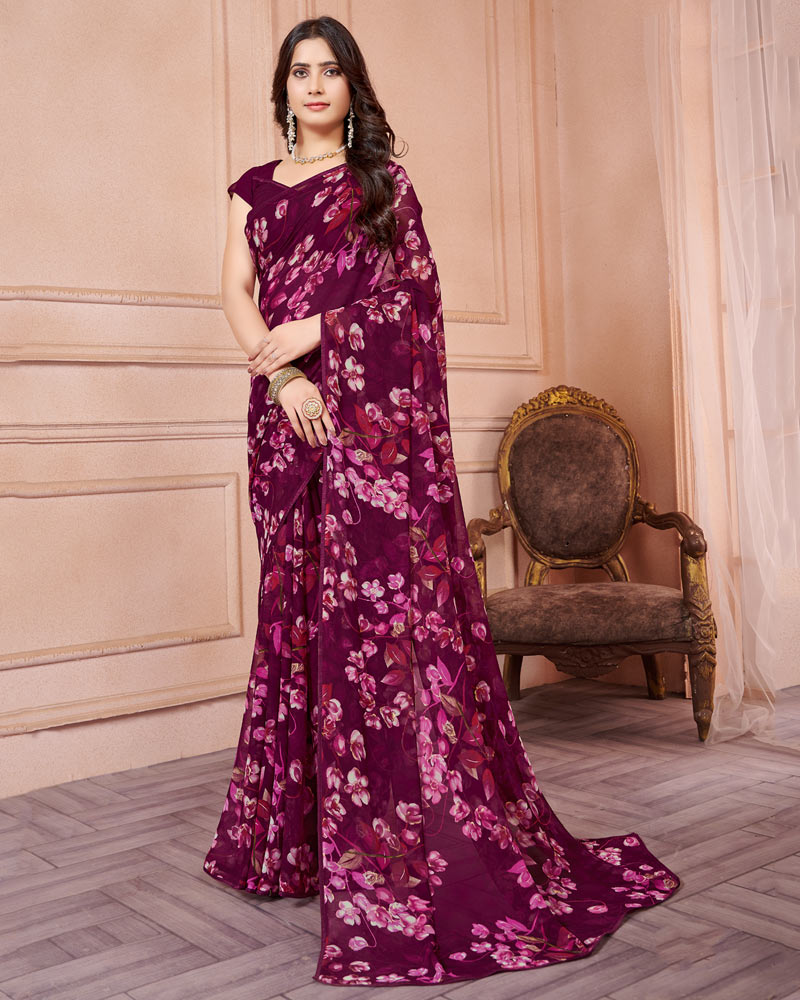 Wine Berry Printed Georgette Saree With Piping