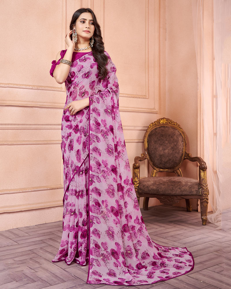 Pastel Violet Printed Georgette Saree With Piping