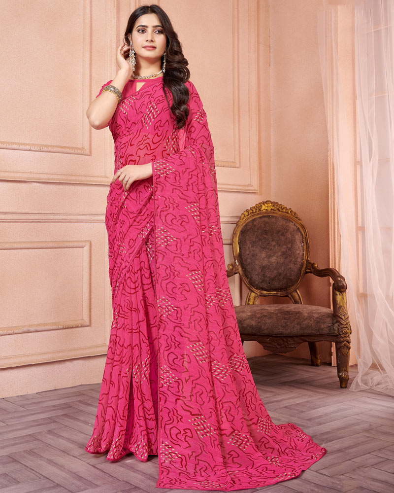 Dark Pink Printed Georgette Saree With Piping