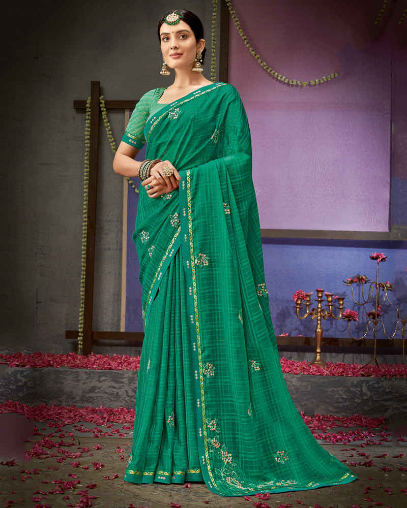 Jade Green Designer Patterned Chiffon Saree With Embroidery Work And Fancy Border