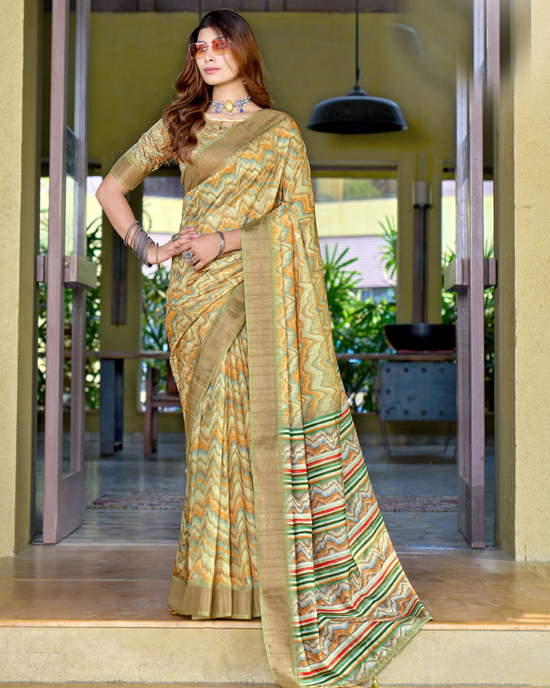 Hazel Yellow Designer Printed Katha Silk Handloom Bordered Saree