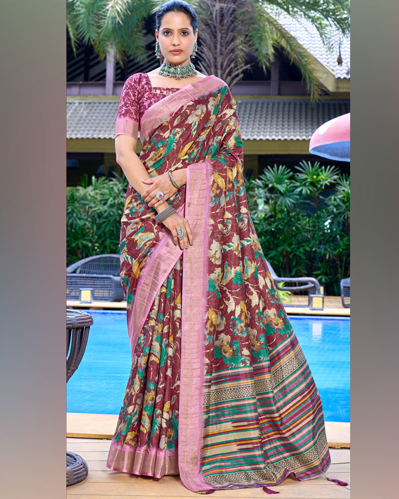 Copper Rust Designer Printed Katha Silk Handloom Bordered Saree