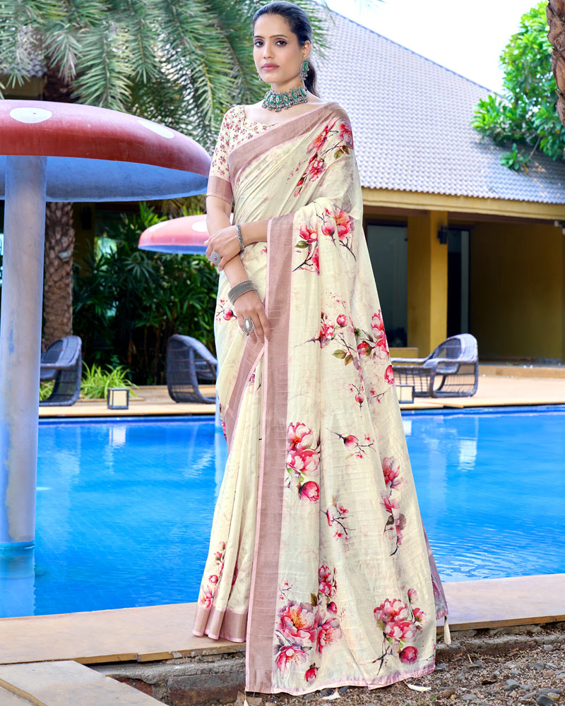 Royal Cream Designer Printed Katha Silk Handloom Bordered Saree