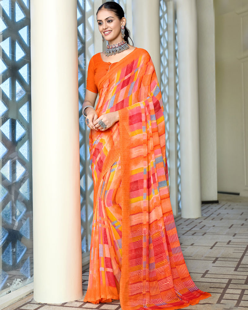 Orange Digital Print Georgette Saree