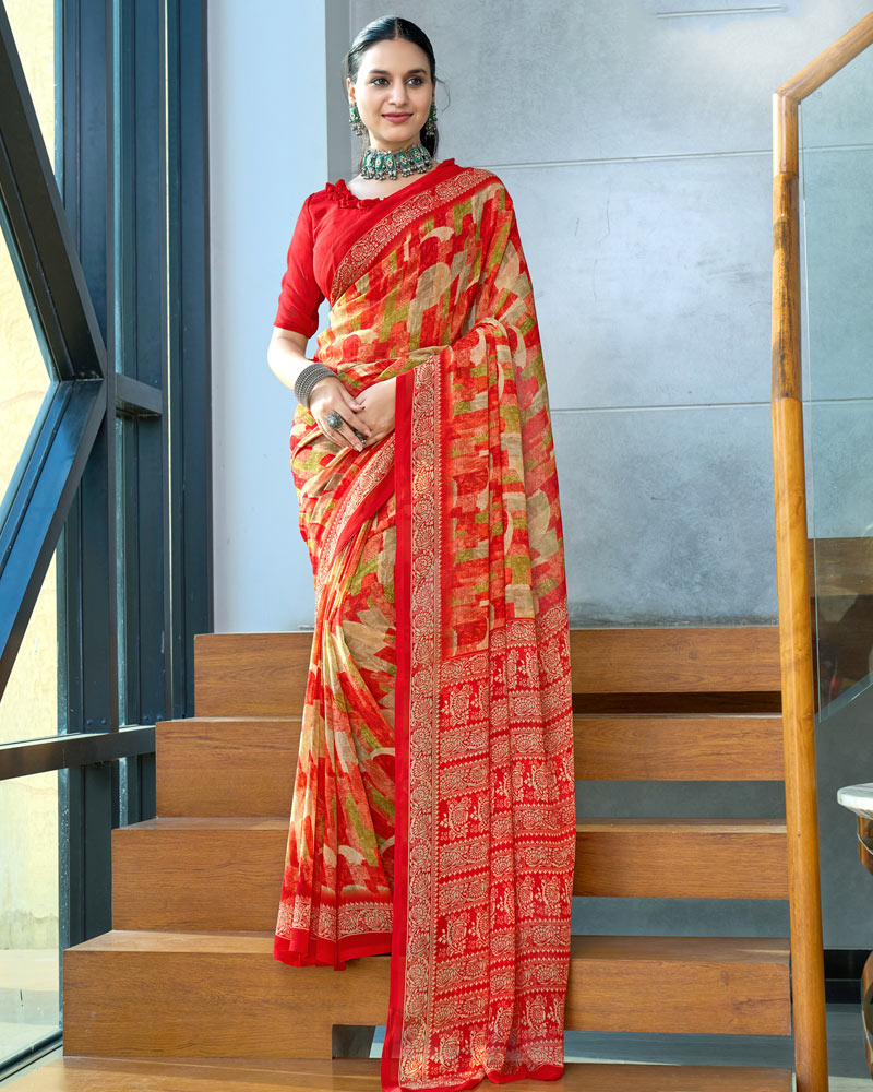 Cherry Red Digital Print Georgette Saree
