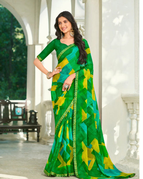 Deep Sea And Dark Blue Printed Gerogette Saree With Fancy Border - Test