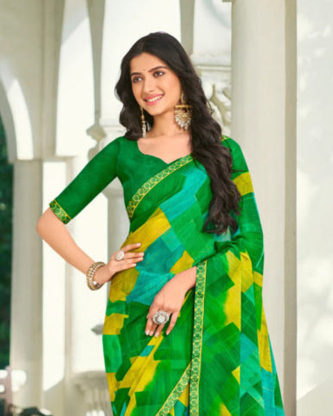 Deep Sea And Dark Blue Printed Gerogette Saree With Fancy Border - Test
