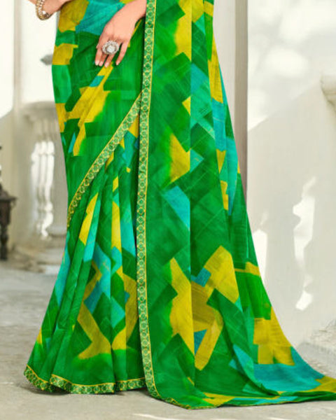 Deep Sea And Dark Blue Printed Gerogette Saree With Fancy Border - Test