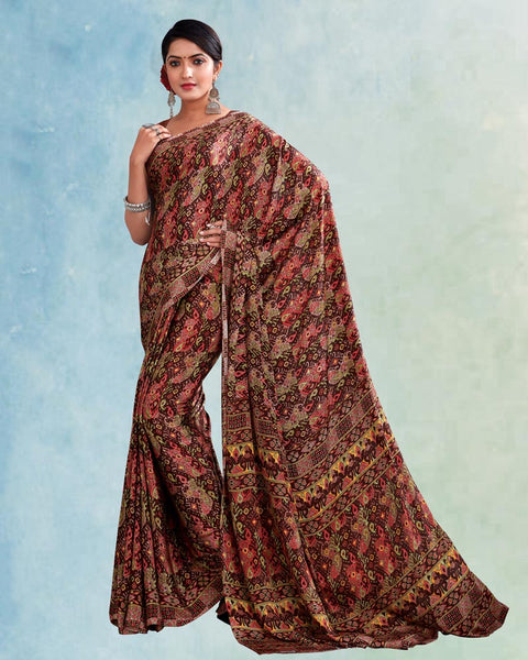Cocoa Brown Digital Print Premium Crepe Saree