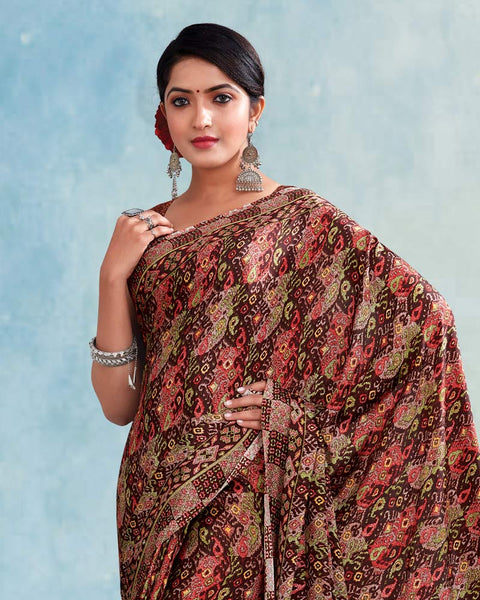 Cocoa Brown Digital Print Premium Crepe Saree