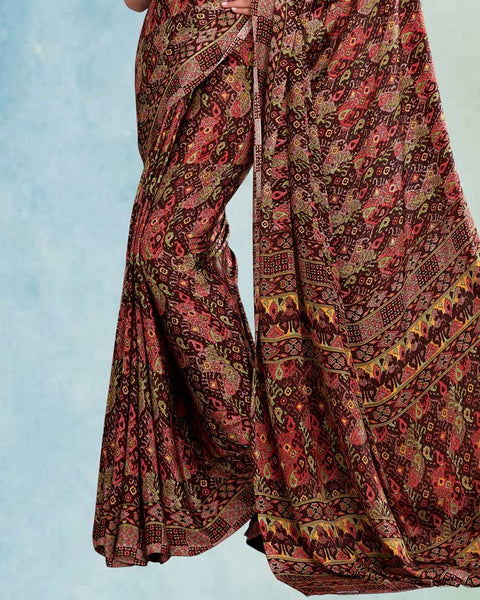 Cocoa Brown Digital Print Premium Crepe Saree