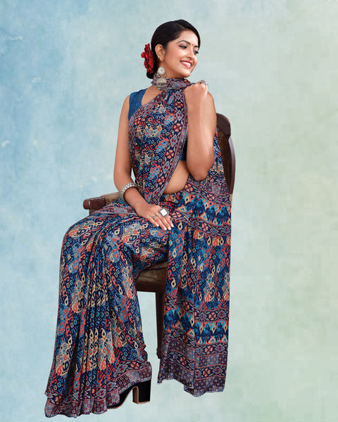 Nile Blue Digital Print Premium Crepe Saree