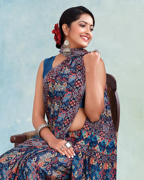 Nile Blue Digital Print Premium Crepe Saree