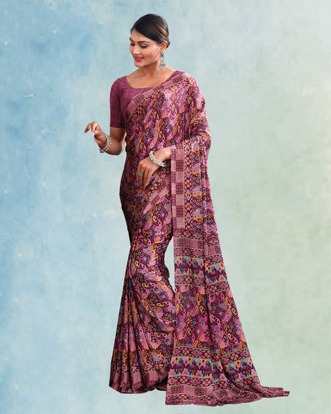 Dark Raspberry Digital Print Premium Crepe Saree