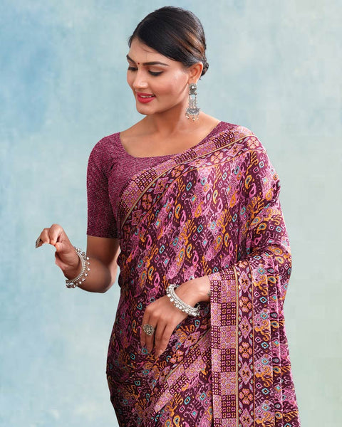 Dark Raspberry Digital Print Premium Crepe Saree