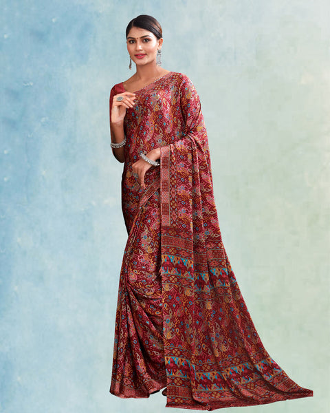 Burnt Amber Red Digital Print Premium Crepe Saree