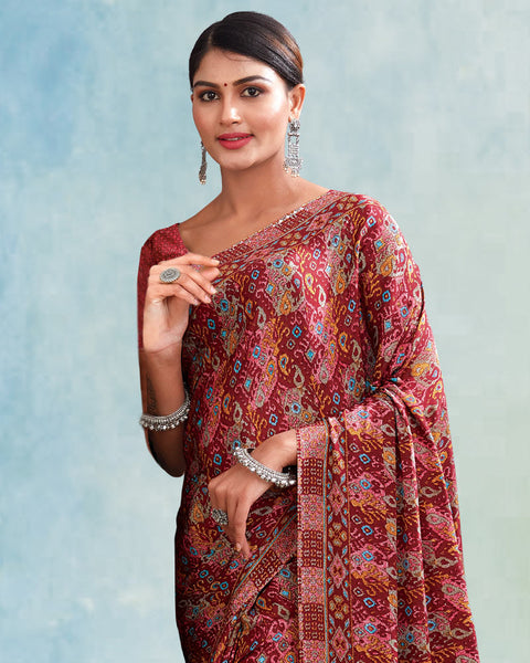 Burnt Amber Red Digital Print Premium Crepe Saree