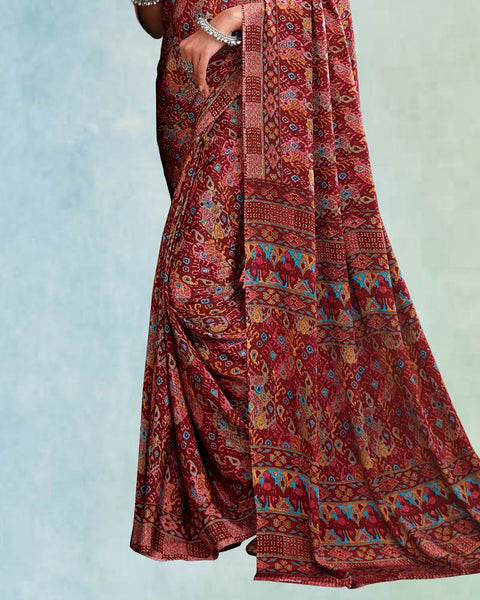 Burnt Amber Red Digital Print Premium Crepe Saree