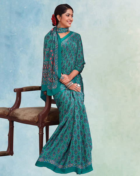 Deep Sea Green Digital Print Premium Crepe Saree