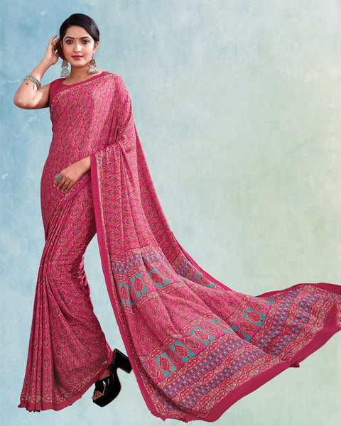 Hibiscus Red And Raspberry Pink Digital Print Premium Crepe Saree