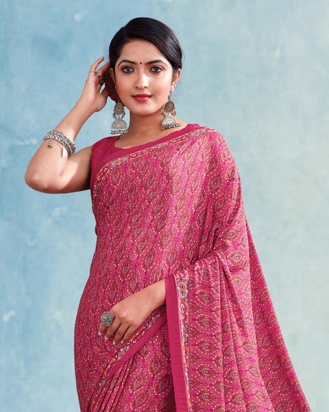 Hibiscus Red And Raspberry Pink Digital Print Premium Crepe Saree