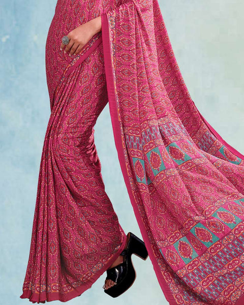 Hibiscus Red And Raspberry Pink Digital Print Premium Crepe Saree