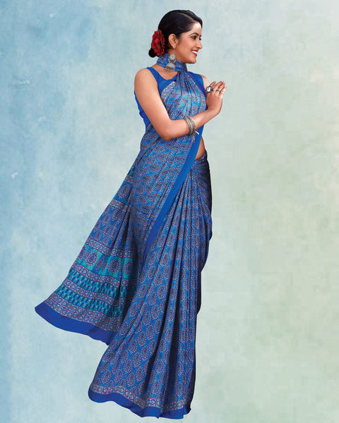 Cobalt And Pacific Blue Digital Print Premium Crepe Saree