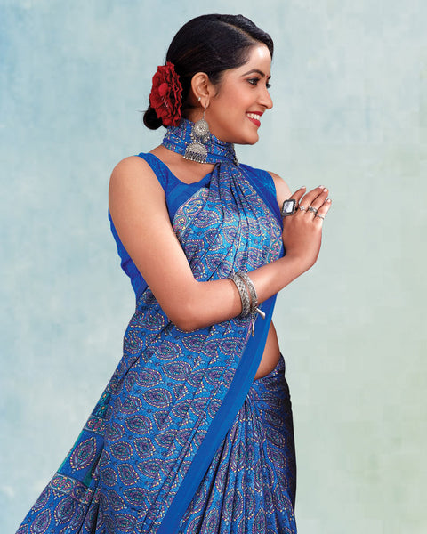 Cobalt And Pacific Blue Digital Print Premium Crepe Saree