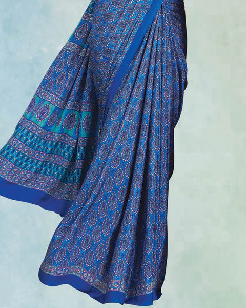 Cobalt And Pacific Blue Digital Print Premium Crepe Saree