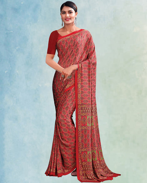 Dark Coral Red Digital Print Premium Crepe Saree