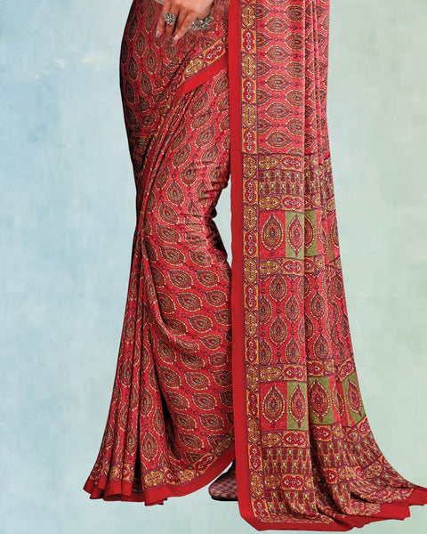Dark Coral Red Digital Print Premium Crepe Saree