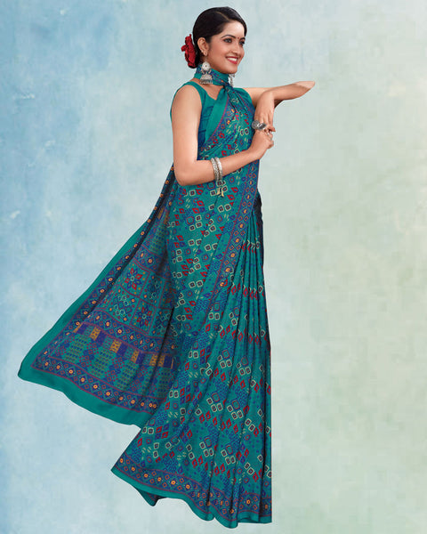 Teal Green And Denim Blue Digital Print Premium Crepe Saree