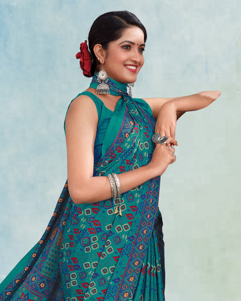 Teal Green And Denim Blue Digital Print Premium Crepe Saree