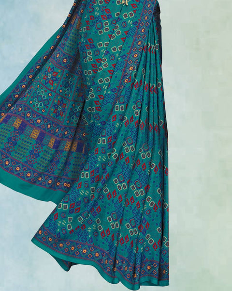 Teal Green And Denim Blue Digital Print Premium Crepe Saree