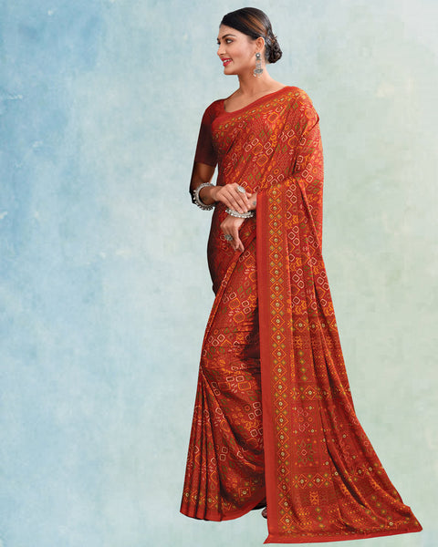 Brick Red And Flame Orange Digital Print Premium Crepe Saree