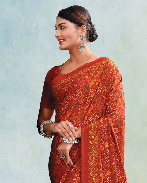 Brick Red And Flame Orange Digital Print Premium Crepe Saree